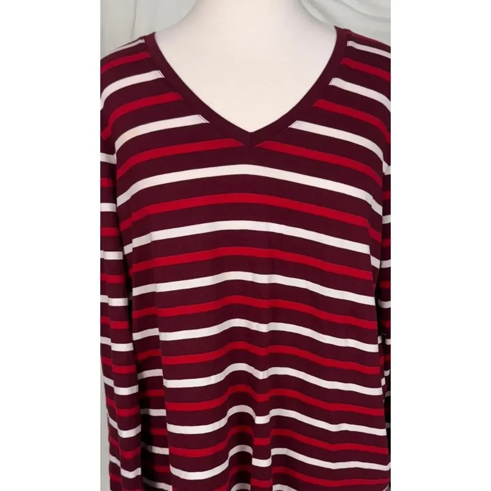 Lands' End Large 14-16 Relaxed Fit Supima Cotton Striped V Neck Long Sleeve T